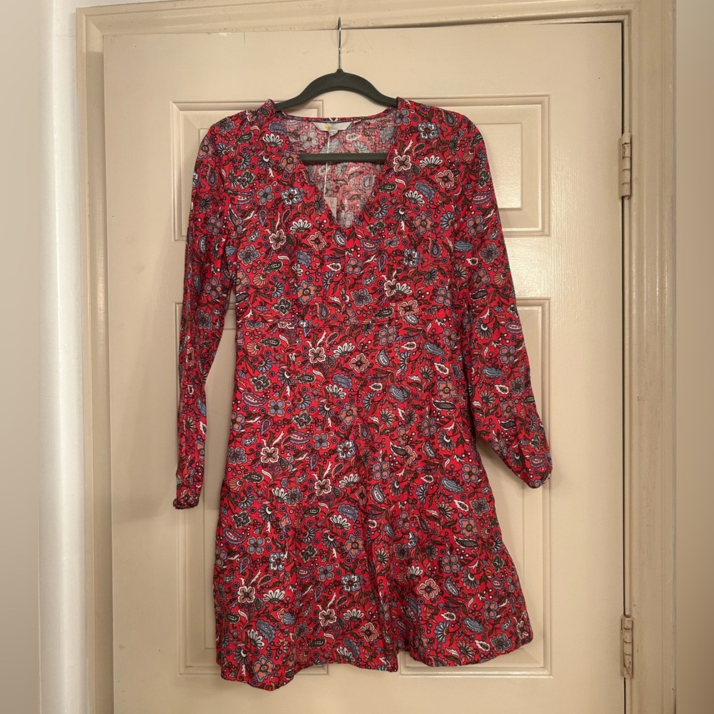 NWT Boden Flippy V-Neck Linen Mini Dress Red Floral Bohemian Bloomcore Size 2 - Picture 2 of 4